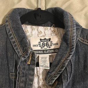 Rt 66, dark denim, brass colored buttons, short lantern sleeves, like new